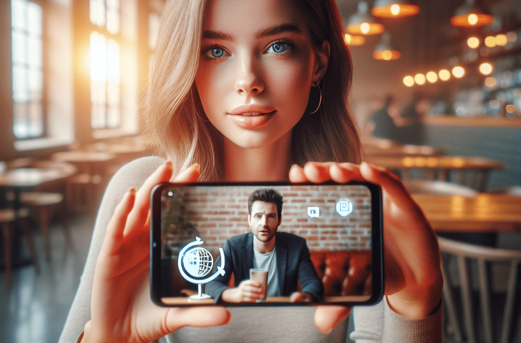 Junge Frau in modernem Café nutzt KI-Lösung zur Echtzeitübersetzung auf Smartphone – SEO in Bremen und Umgebung.