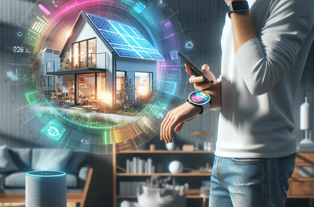 Junge Person aus Bremen mit Smartwatch und Smartphone vor Hologramm eines Tiny Houses mit Solaranlage im smarten Büro.