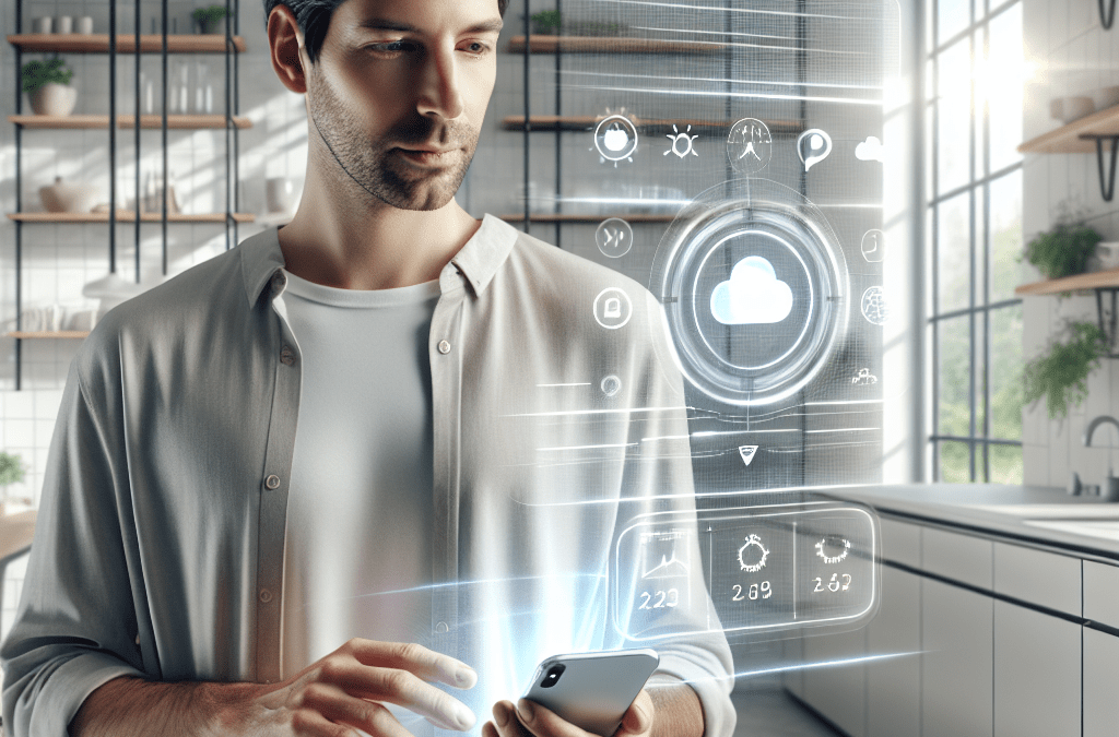 Mann Mitte 30 nutzt KI-Lösung per iPhone in moderner Küche bei Bremen, Hologramm mit Kalender, Wetter, Verkehr sichtbar