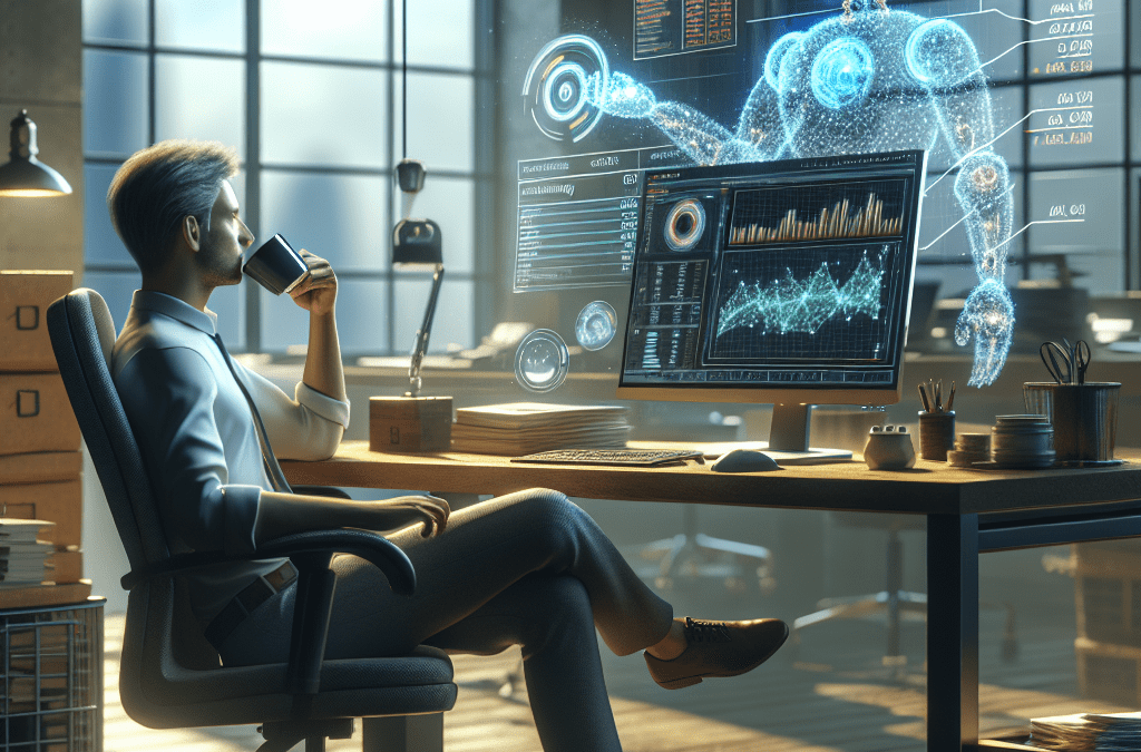 Fotorealistisches Büro mit KI-Automatisation, Finanzanalyse und SEO-Optimierung in Bremen am Morgen.
