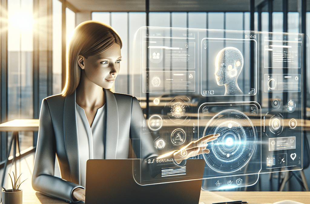 Businessfrau nutzt KI-Lösung am Laptop im modernen Büro, Datenanalyse und Hologramm-Interface in Bremen Umgebung