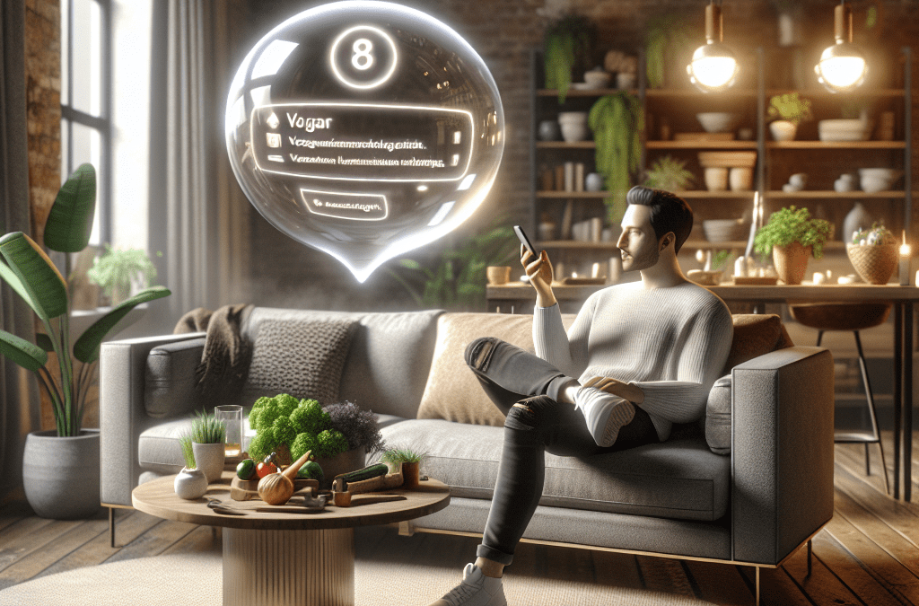 Westeuropäer nutzt KI-loesung via Smartphone im modernen Wohnzimmer in Bremen, vegetarisches Rezept als Hologramm.
