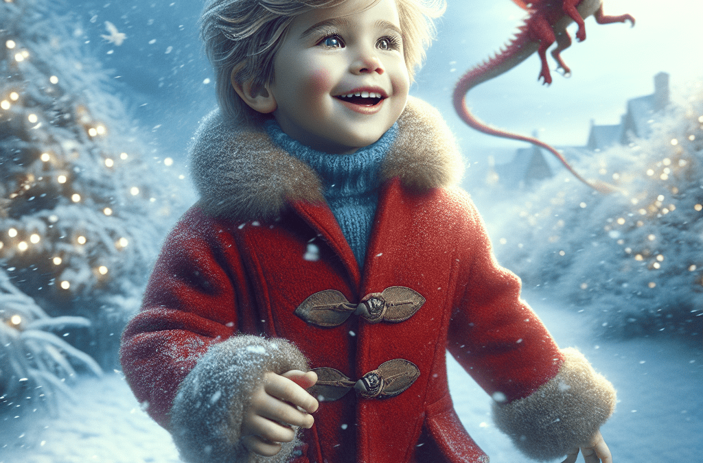 Photorealistische Winterlandschaft mit Kind in rotem Mantel & fliegendem Drachen – SEO Bild aus Bremen Umgebung.