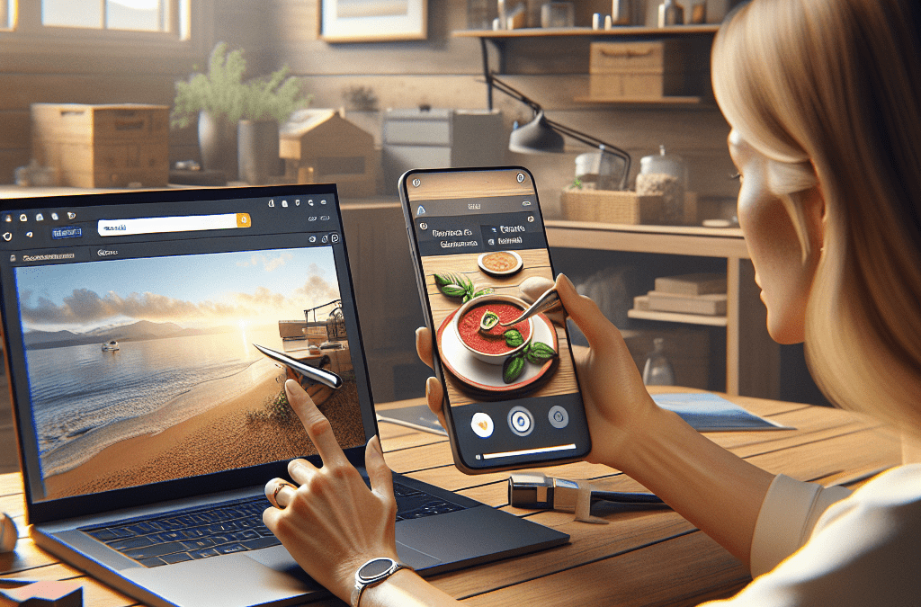 Moderne KI-Lösung in Homeoffice: Frau nutzt Google Suche & KI-Automatisierung für Bilder – SEO in Bremen & Umgebung.