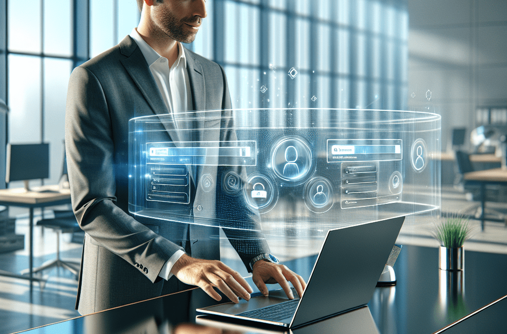 Moderner Arbeitsplatz mit KI-Automatisation: Hologramme symbolisieren autonome KI beim Recherchieren in Bremen und Umgebung.