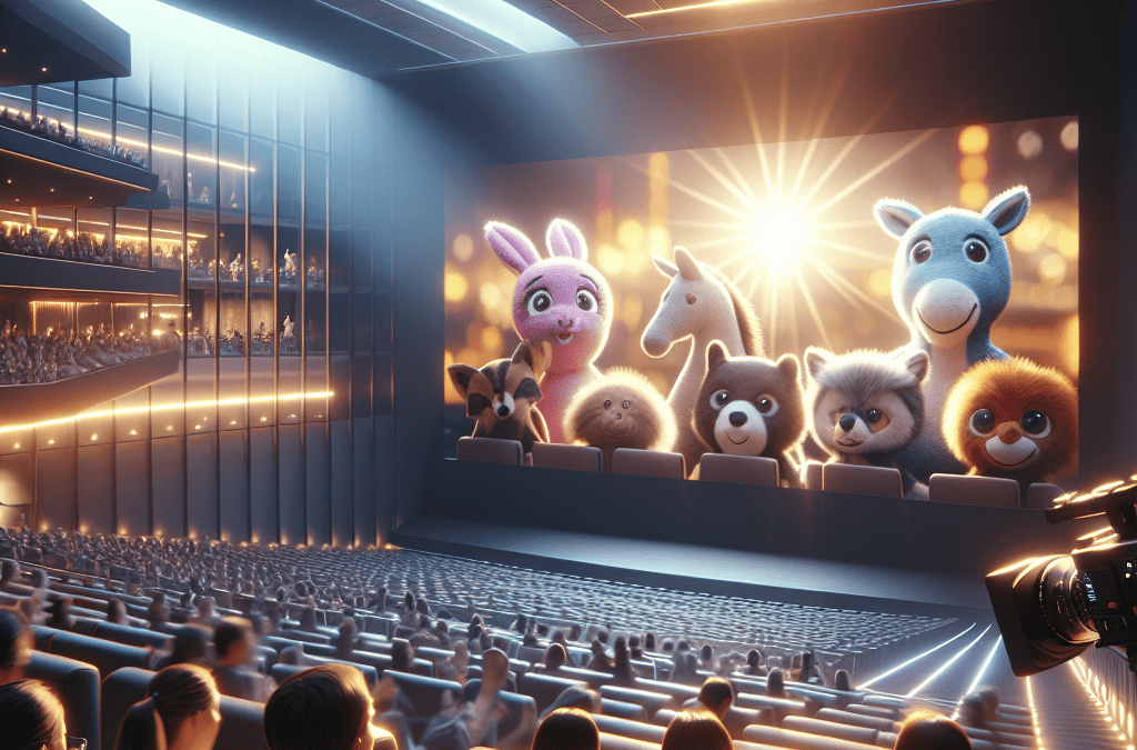 Cinematic Szene im modernen Kino bei Dämmerung mit Tierfiguren auf Leinwand, Google Optimierung in Bremen Umgebung.