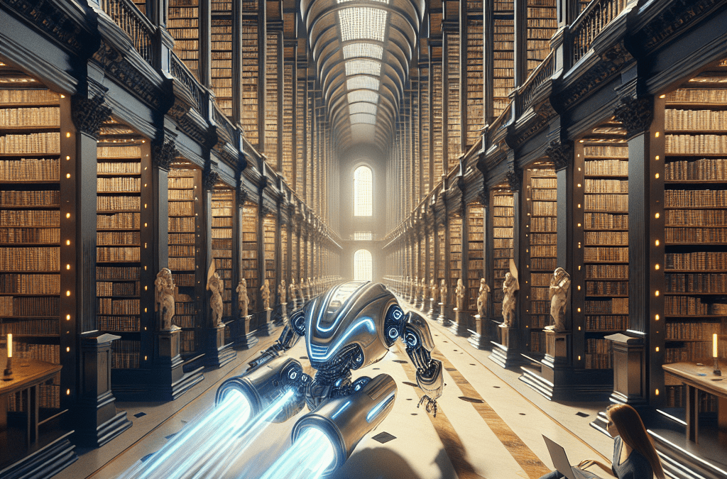 Fotorealistische KI-Automatisation in futuristischer Bibliothek mit Roboter und Forscherin – Innovation aus Bremen.