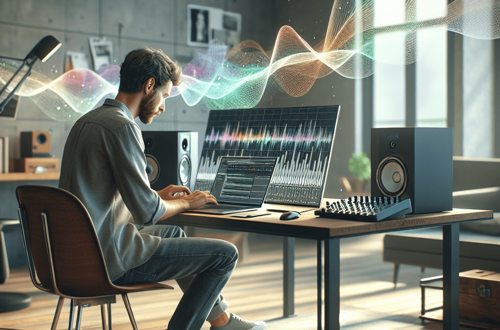 Modernes Büro in Bremen: Kreativer erstellt KI-Lösungen mit Laptop, Studio-Equipment und virtuellen Soundeffekten.