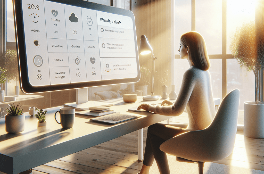 Modernes Homeoffice in Bremen mit KI-Lösung: Tagesplan, Kleidungstipps & Präsentation per AI auf großem Bildschirm.