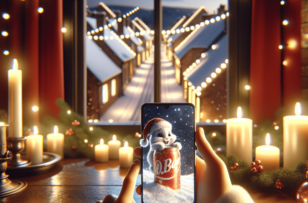 Modernes Wohnzimmer in Bremen am 1. Advent mit Kerzenlicht, Schneelandschaft, Smartphone-Video, SEO optimiert für Google Suche.