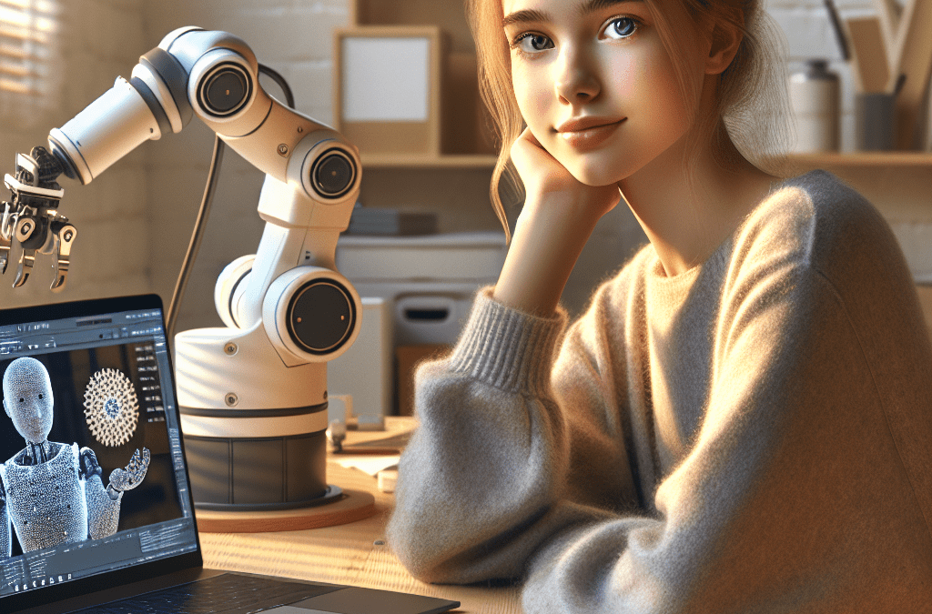 Teenagerin programmiert KI-Lösung mit Roboterarm in moderner Werkstatt – KI-Automatisation aus Bremen in Aktion.