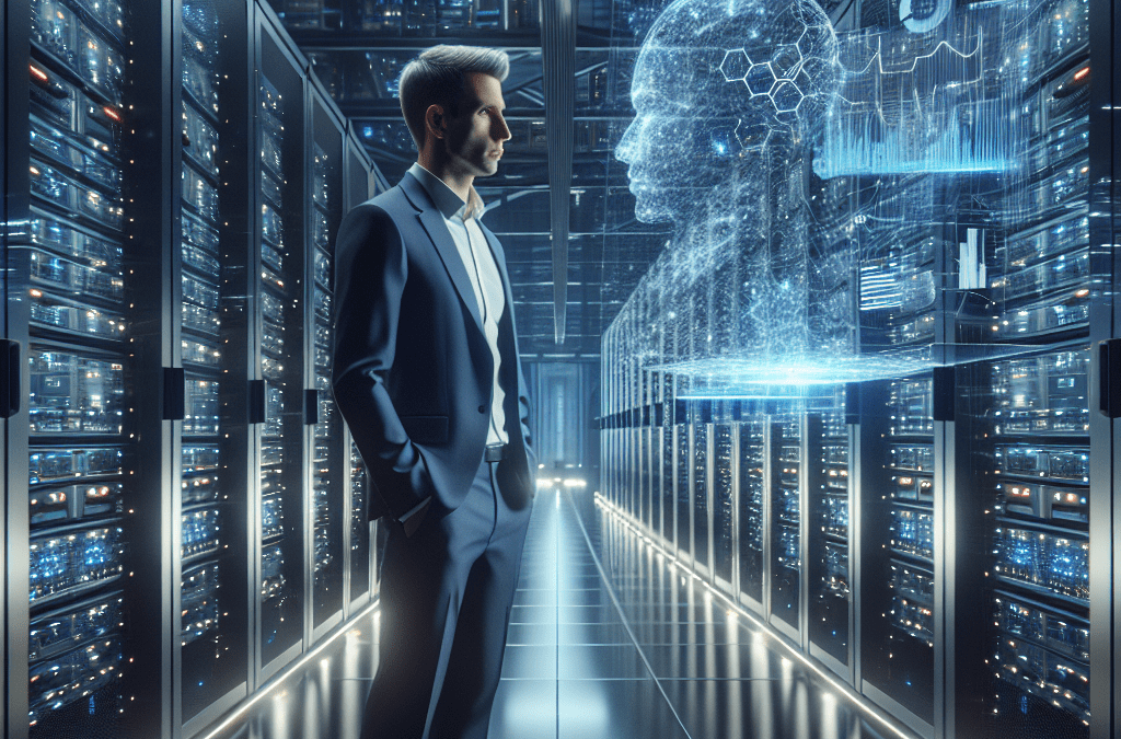 KI-Beratung in Bremen: Business-Profi analysiert Daten mit Nvidia-Chips im futuristischen Rechenzentrum.