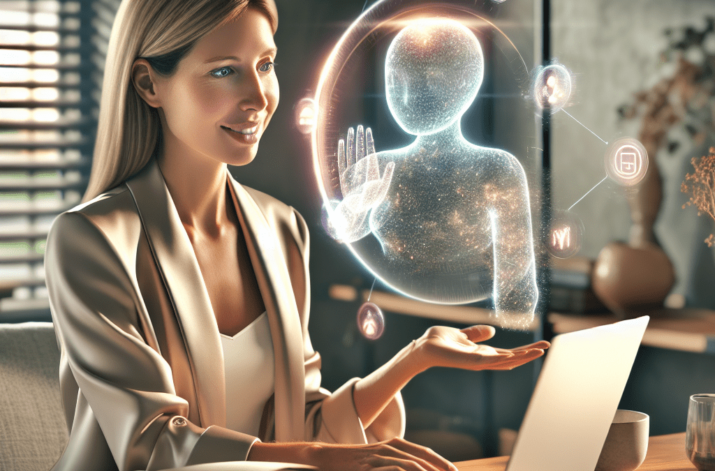 Geschäftsfrau aus Bremen nutzt KI-Lösung im modernen Homeoffice zur intuitiven Zusammenarbeit mit holografischem Assistenten.