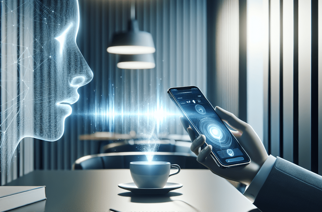 KI-Beratung in Bremen: Person spricht mit KI-Assistent über iPhone – digitale Datenströme und Voicewave-Effekte.