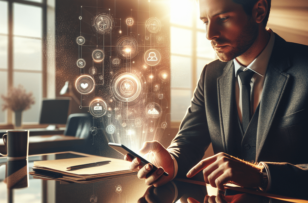 Junger Profi aus Bremen nutzt iPhone mit holografischer Anzeige für KI-Automatisation im modernen Homeoffice.