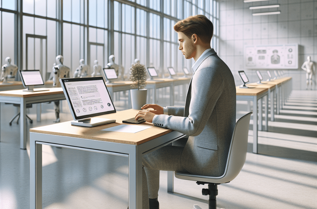 Futuristisches Klassenzimmer mit KI-Unterstützung bei digitaler Prüfung – moderne Bildung in Bremen und Umgebung.