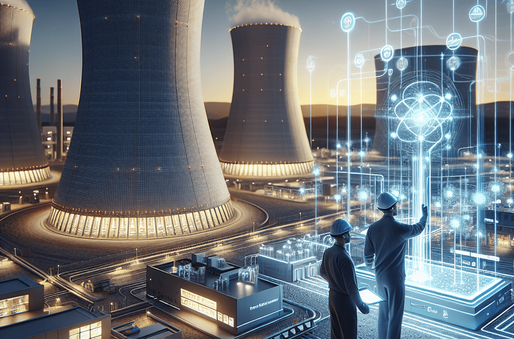 Zwei Ingenieure analysieren KI-Energiefluss vor modularen Reaktoren und Rechenzentrum in Bremen bei Sonnenuntergang.