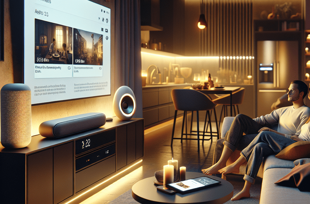 Modernes Wohnzimmer bei Dämmerung mit Smart-Geräten – KI-Lösung für Zuhause in Bremen und Umgebung