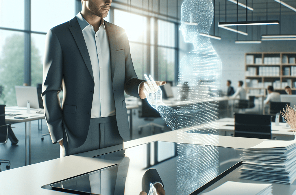 Papierloses Büro mit KI-Hologramm, moderne KI-Lösung für Unternehmen in Bremen, Oldenburg und Umgebung.