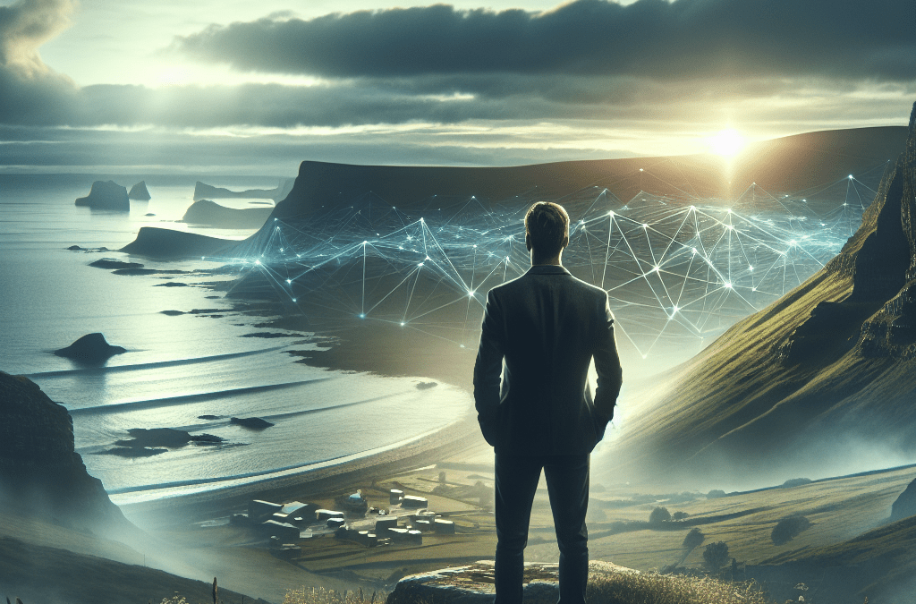 Business-Executive an nebliger Küste bei Stuhr mit KI-Netzwerk im Hintergrund – Visionäre KI-Beratung in Norddeutschland.