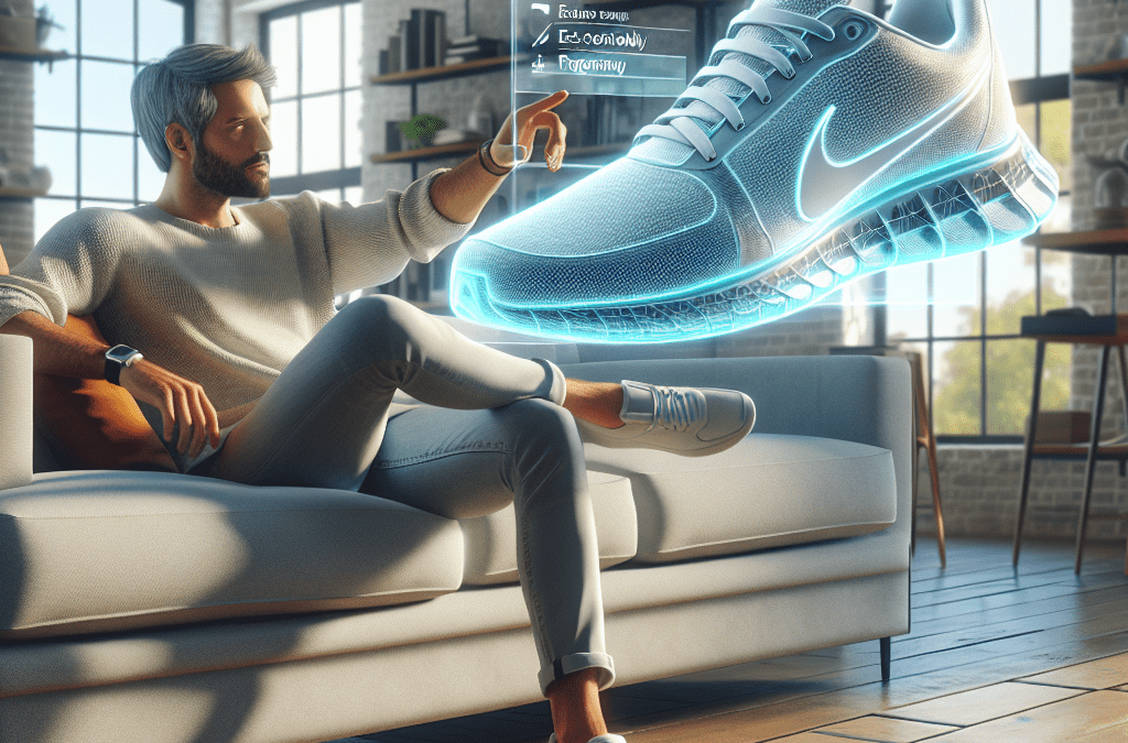 Erwachsener Mann in modernem Wohnzimmer bei Produktwahl per KI-Anwendung, holografische Schuhe, KI-Beratung Bremen Umgebung