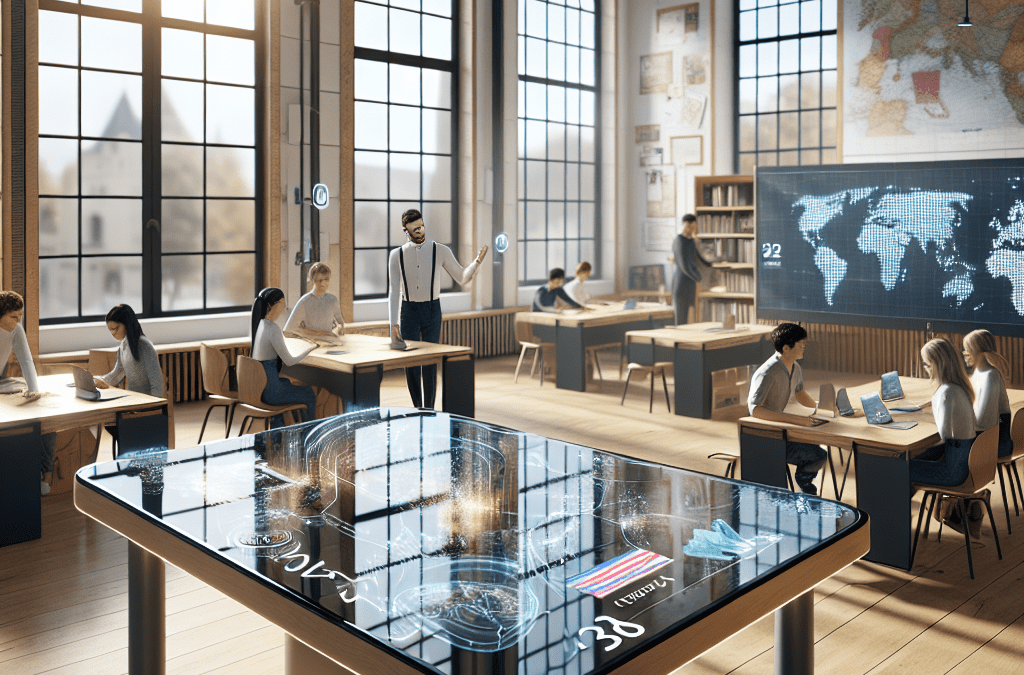 Moderne europäische Klasse: KI-gesteuerter Touchscreen-Tisch mit Holographie, Bremen, zeitgemäße Bildungstechnologie.