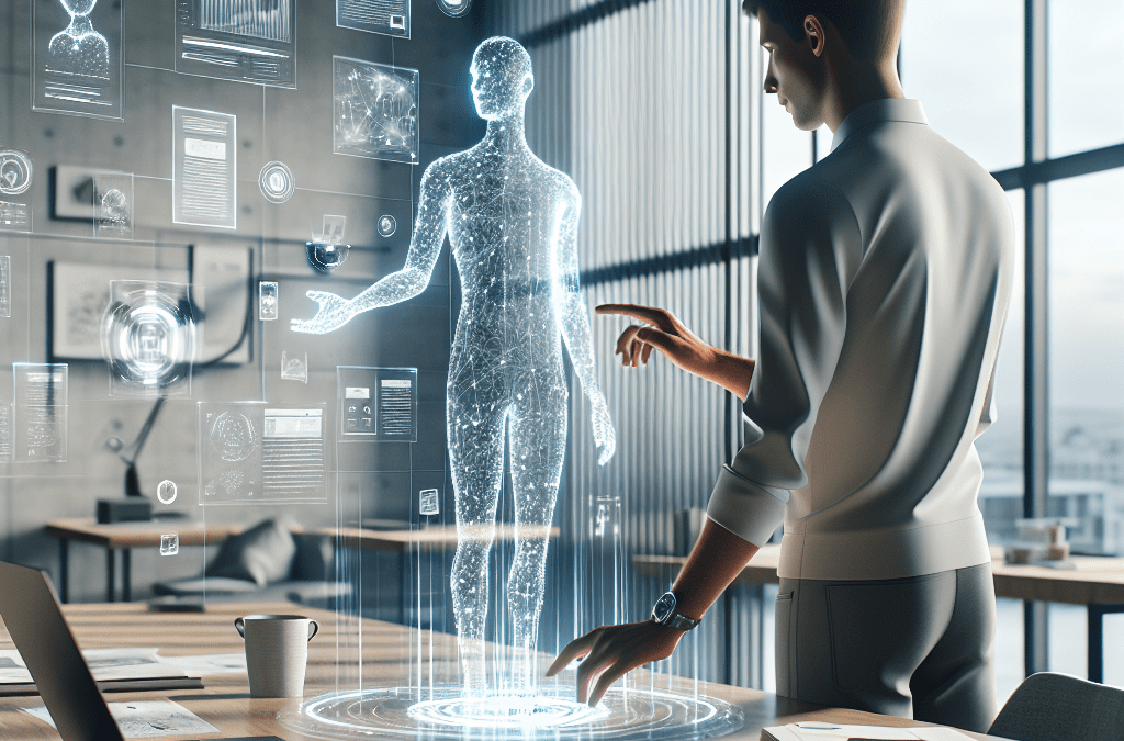 Modernes Homeoffice mit KI-Assistent, schwebenden PDF-Dateien – KI-Lösung und Automatisation in Bremen Umgebung.