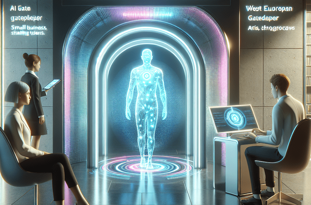 Futuristischer virtueller Chatroom mit KI-gesteuertem Eingang, Hologramm-Gatekeeper und digitaler Beratung in Bremen.