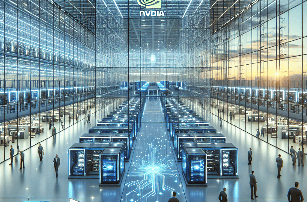 Futuristische KI-Fabrik im Tucherpark München bei Sonnenuntergang mit leuchtenden Nvidia-GPU-Serverracks und Hologramm-Datenströmen.