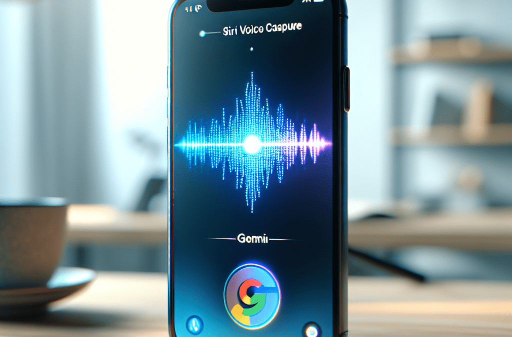 Fotorealistisches iPhone mit Siri und Google Gemini auf Holzschreibtisch – KI-Lösung Oldenburg & Umgebung.