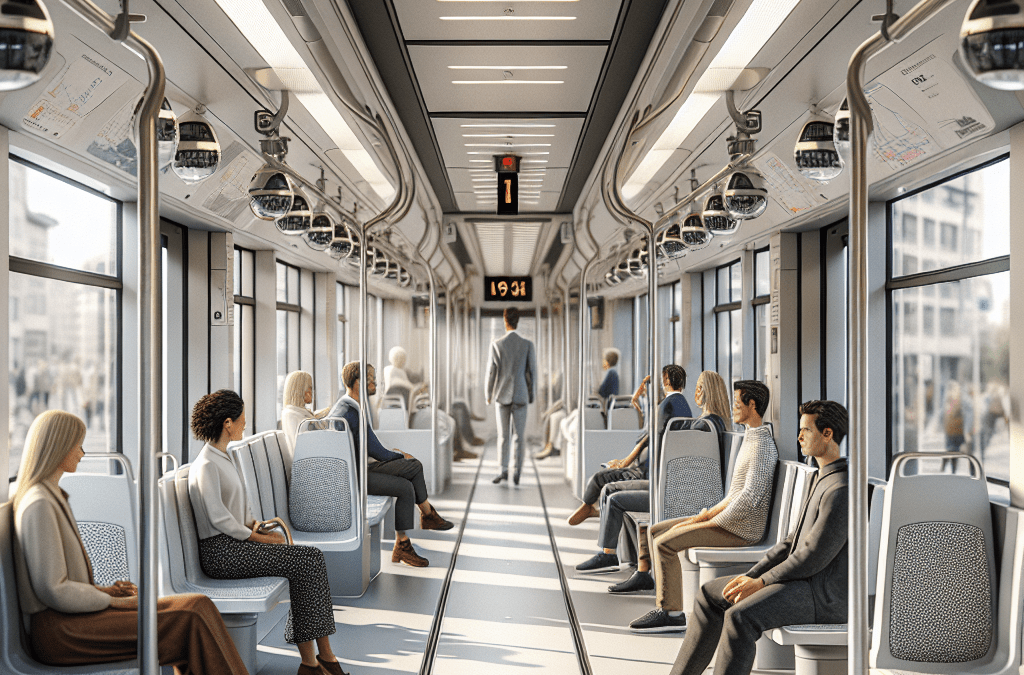 Modernes Bremer Straßenbahninterieur mit KI-Überwachungskameras, West-Europäische Fahrgäste, sicheres, helles Tageslicht.