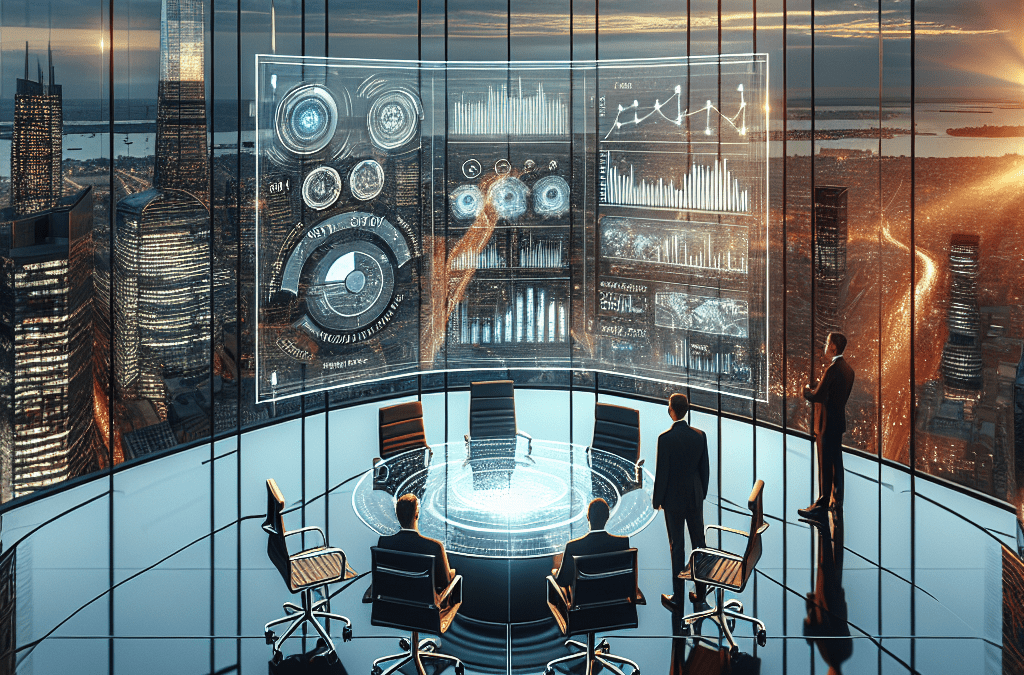 Hochmodernes Konferenzzimmer mit KI-Dashboard und Geschäftsanalysen in Bremen bei Sonnenuntergang.