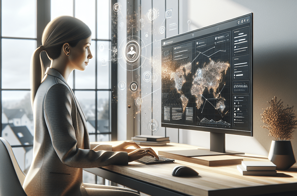 Moderne Home-Office-Szene mit Businessfrau bei Webdesign und KI-Beratung in Bremen – 8K-Visualisierung am Bildschirm.