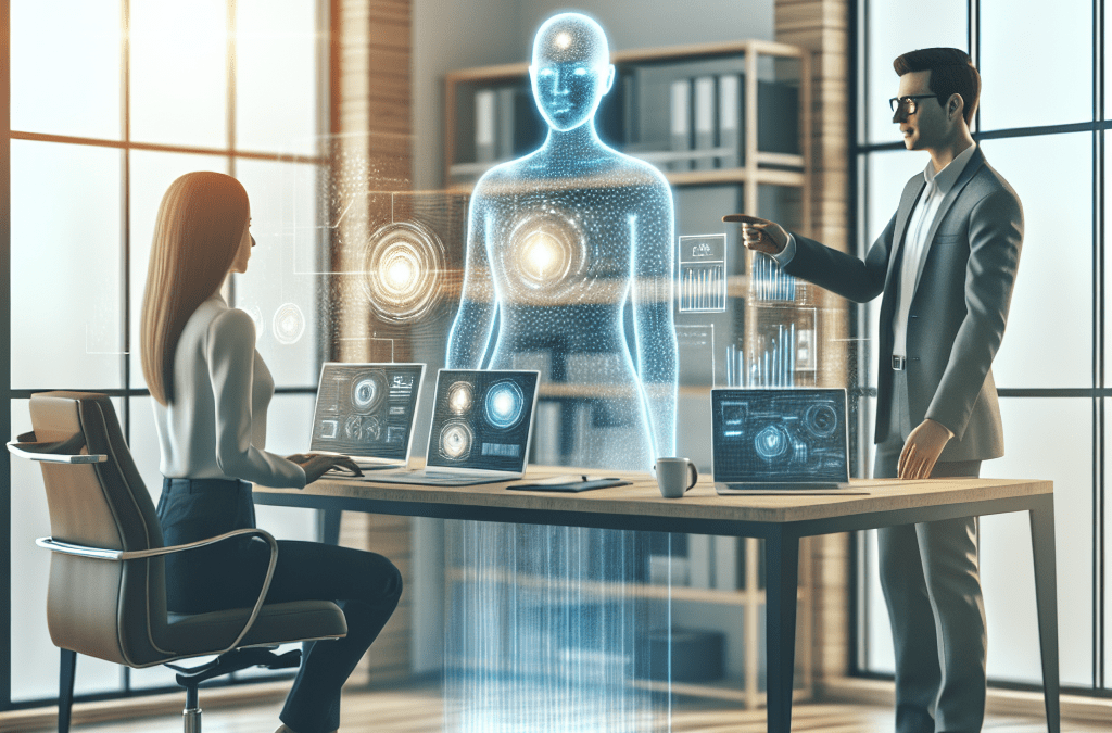 Modernes Büro in Bremen mit KI-Beratung: Zwei Profis arbeiten mit holografischem KI-Assistenten an Datenvisualisierungen.