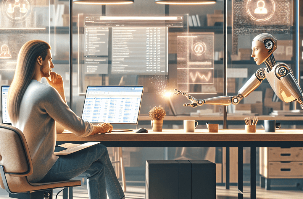 Moderne Arbeitsumgebung mit KI-Interface und holografischer Roboterklaue in Bremen; westeuropäische Personen; Tageslicht.