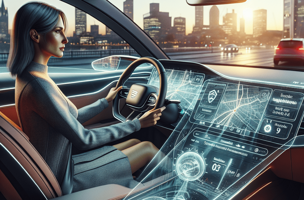 Frau in modernem E-Auto mit KI-Displays für Routenplanung & Termine bei Sonnenaufgang – KI-Lösung Delmenhorst Umgebung