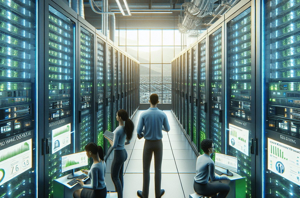 Modernes, energieeffizientes Rechenzentrum mit Ingenieuren, LED-Servern, Solaranlage und Wärmerückgewinnung in Bremen.