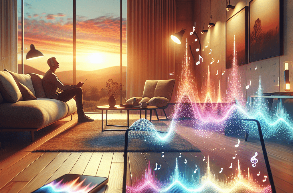 Modernes Wohnzimmer bei Sonnenuntergang mit Westeuropäer auf Sofa, Laptop und Smartphone, Klangwellen aus Screens, wohnlichere Atmosphäre.