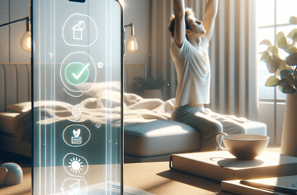 Minimalistisches Schlafzimmer morgens, Westeuropäer streckt sich im Bett, Smartphone mit KI-Icons, sanftes Sonnenlicht.