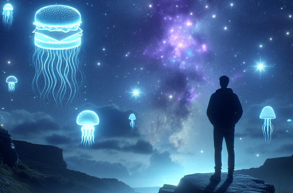 Person auf felsiger Anhöhe unter Sternenhimmel mit KI-Datenvisualisierungen, Bremen, Suche nach kosmischen Anomalien, cineastisch.