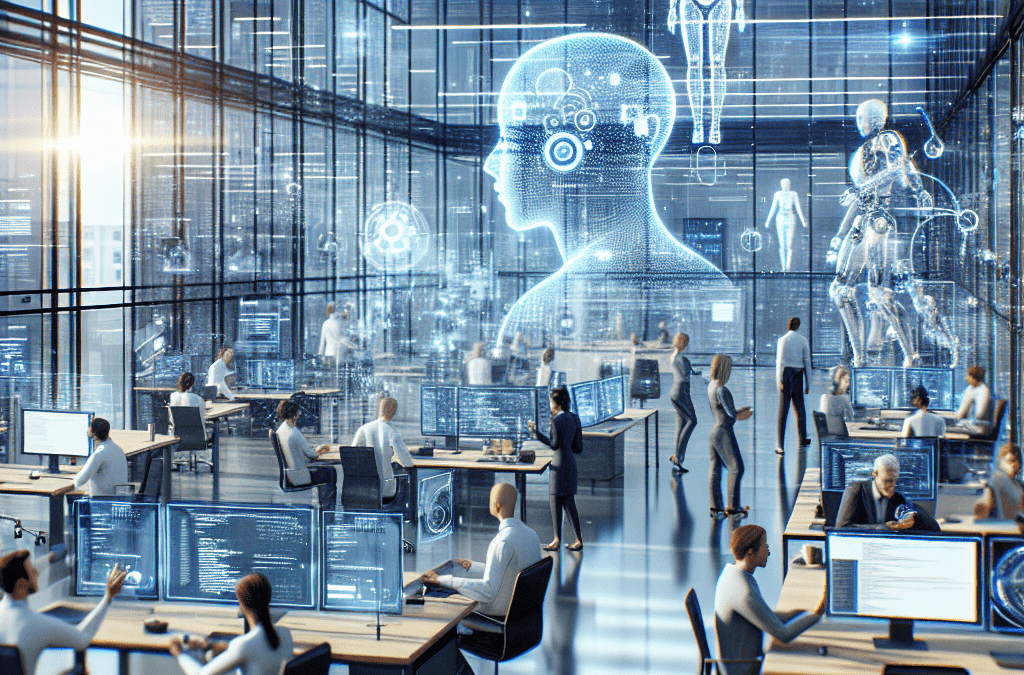 Ultra-realistisches Foto von KI-gesteuerten Projekten in modernem Büro, Bremen; nahtlose KI-Kollaboration, 8K-Auflösung.