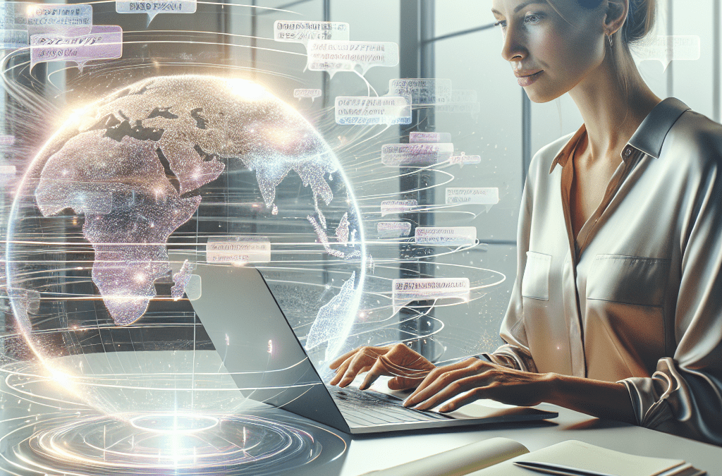 Businessfrau aus Bremen arbeitet mit KI-Lösung am Laptop, Datenströme und Sprachen visualisieren Automatisierung.