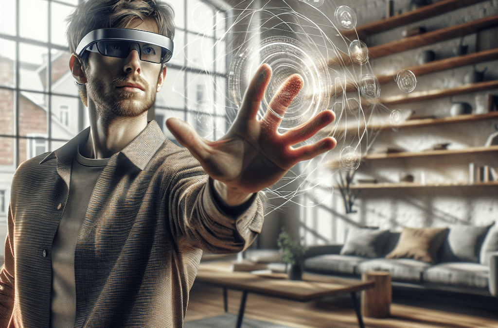 Erwachsener mit AR-Brille interagiert mit holografischem Zwilling, futuristisches Wohnzimmer, Technologie in Bremen.