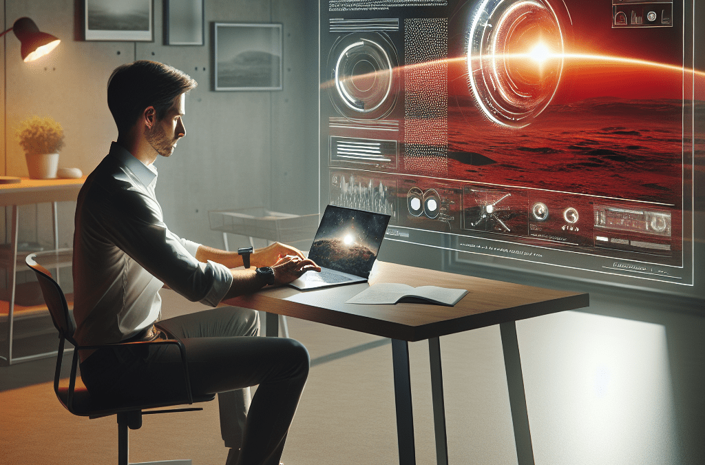 Content Creator aus Bremen erstellt futuristischen Mars-Clip per KI-Lösung am Schreibtisch mit Hologramm-Interface.