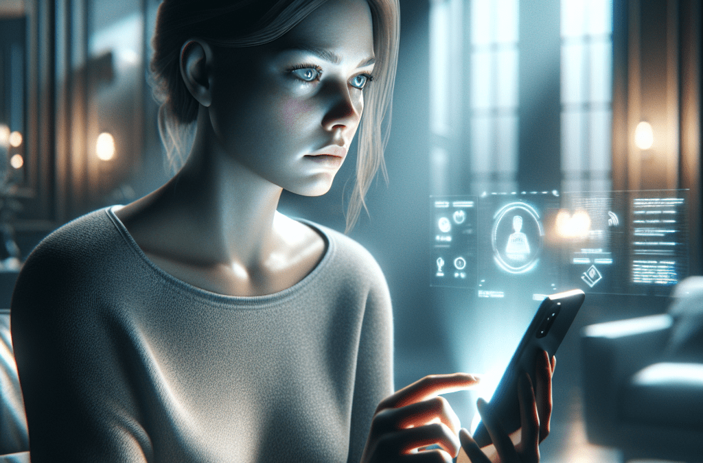 Eine besorgte Frau in Bremen betrachtet medizinische Warnungen auf ihrem Smartphone; subtile KI-Beratung in der Reflektion.