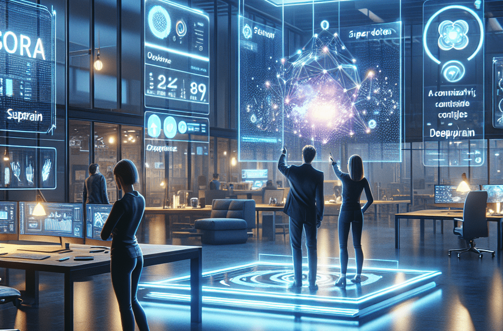 Futuristisches KI-Studio mit holografischen Schnittstellen; zukunftsweisende KI-Beratung in Bremen und Umgebung im Fokus.