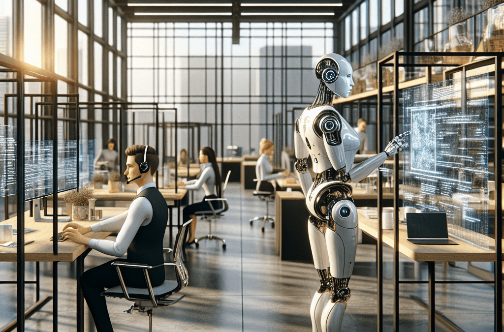 Futuristisches Büro in Deutschland: Humanoide KI-Roboter und Profis aus Bremen bei kreativer KI-Automatisierung und Technologieintegration.