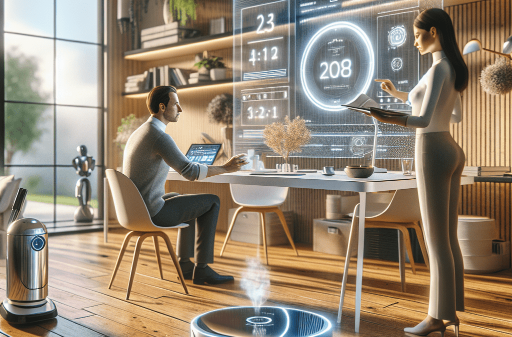 Moderne Homeoffice-Szene 2026 mit KI-Assistenten und automatisiertem Kaffee: Intelligentes Arbeitsumfeld in Bremen.