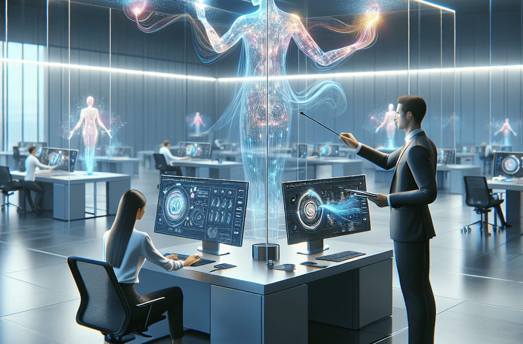 Futuristisches Büro in Bremen mit KI-Automatisation und westlichen Profis, nahtlose Workflows durch AI-gesteuerte Technologie.