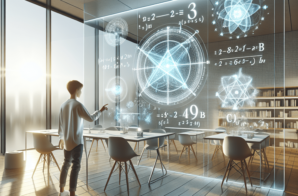 Futuristisches Klassenzimmer in Bremen mit interaktiven Touchscreens und holografischen 3D-Modellen, Schüler lernt Mathematik.
